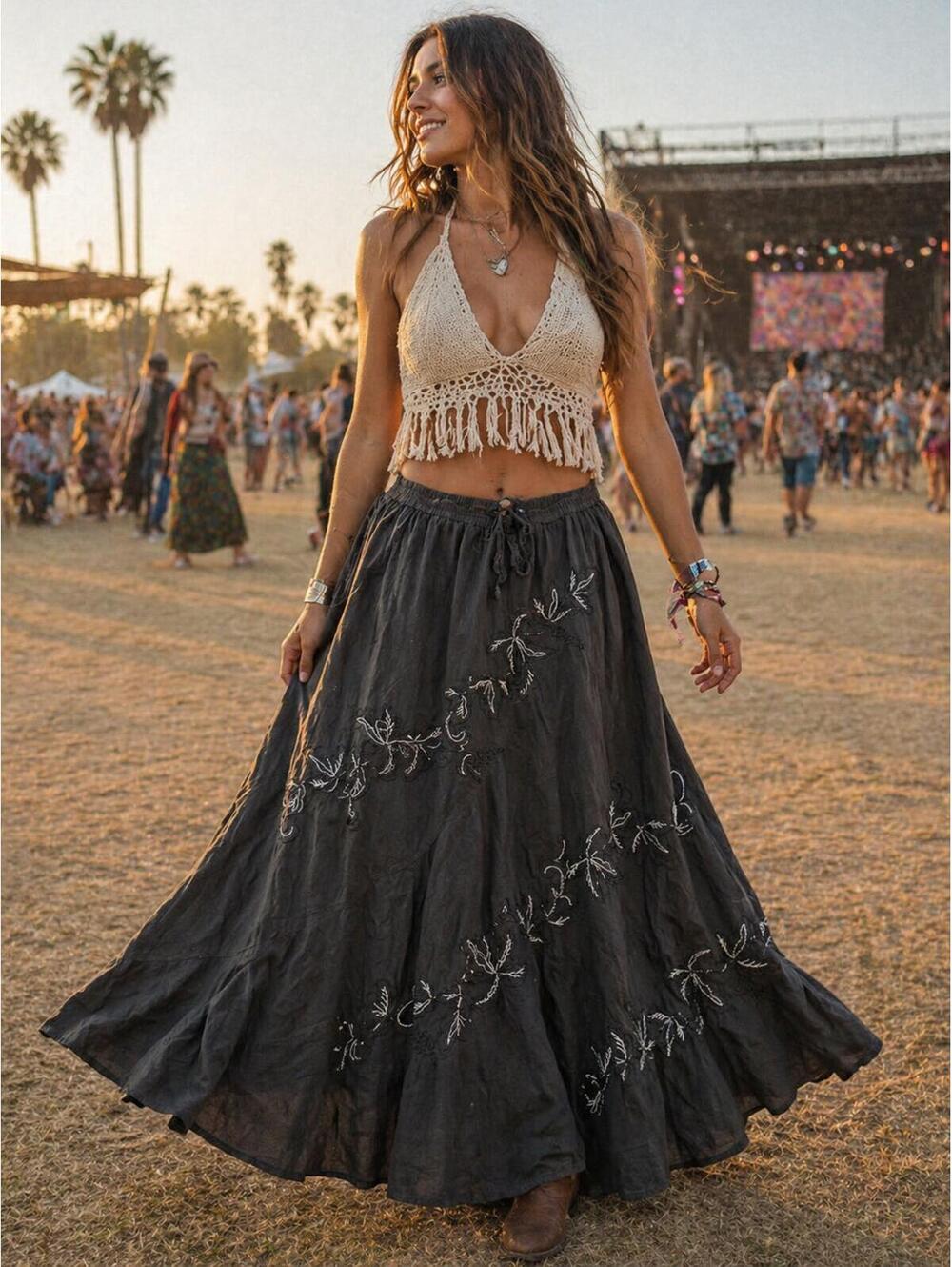 Bohemian Black Embroidered Long Skirt